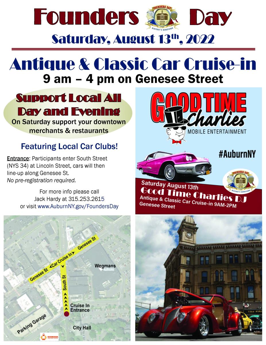 2022 Founders Day Antique & Classic Car Cruise-in August 13, 2022 9 am - 4 pm in downtown Auburn