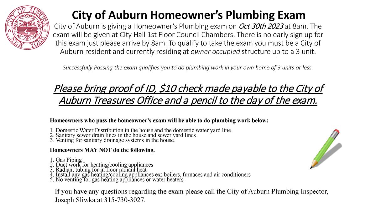 City of Auburn Homeowner's Plumbing Exam 10/30/2023