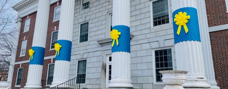 Memorial City Hall, Auburn NY - Pillars are Decorated to show community support for the people of Ukraine