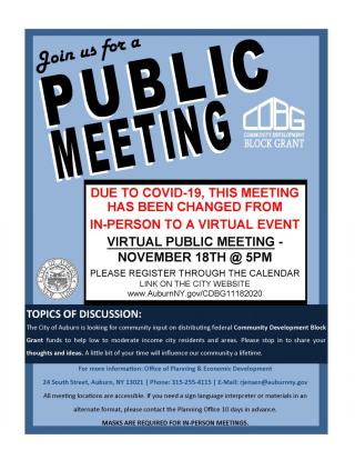 CDBG Fall 2020 Public Meeting Poster November 18 Public Hearing
